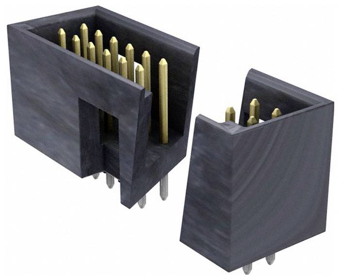 Zwei schwarze, rechteckige Stiftverbinder mit vergoldeten Stiften, einer liegt horizontal und der andere vertikal. Jeder hat mehrere Metallstifte.