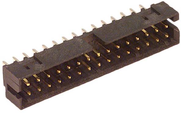 Ein 20-poliger männlicher Elektrostecker mit zwei Reihen von Metallkontakten, der zum Verbinden elektronischer Schaltungen verwendet wird.