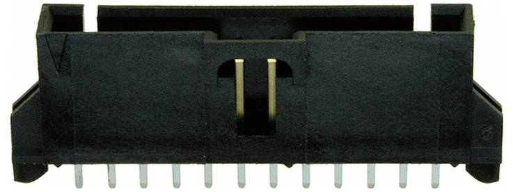 Ein schwarzer zweireihiger Stiftleisten-Stecker mit mehreren Metallstiften, die sich nach unten erstrecken, wird für Elektronik- und Leiterplattenverbindungen verwendet.