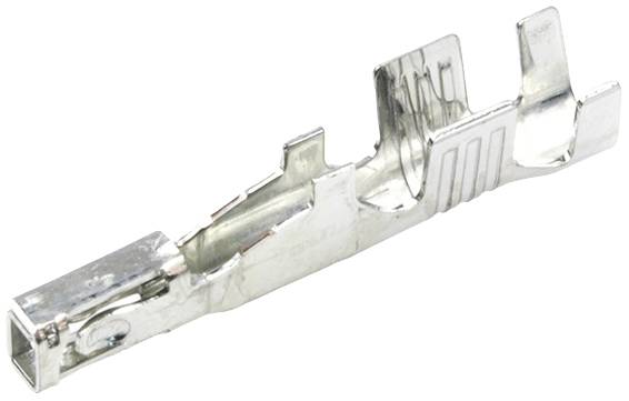 Ein silberner metallischer Stecker- oder Anschlusskontakt mit einer länglichen Form und mehreren Einschnitten und Griffkanten.