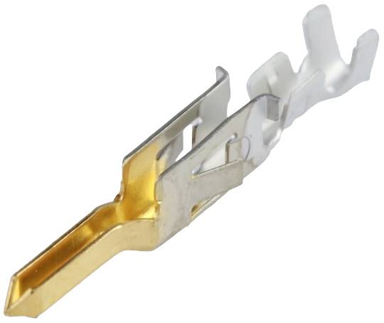 Eine goldene und silberne Metallklemme in Nahaufnahme, häufig für elektrische Verbindungen verwendet.