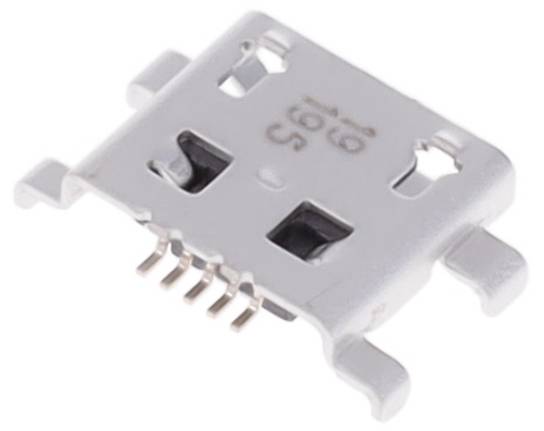 Ein Micro-USB-Anschluss mit Metallstiften, verwendet für elektronische Geräte. Die Buchse ist silberfarben und flach mit Montageklammern.