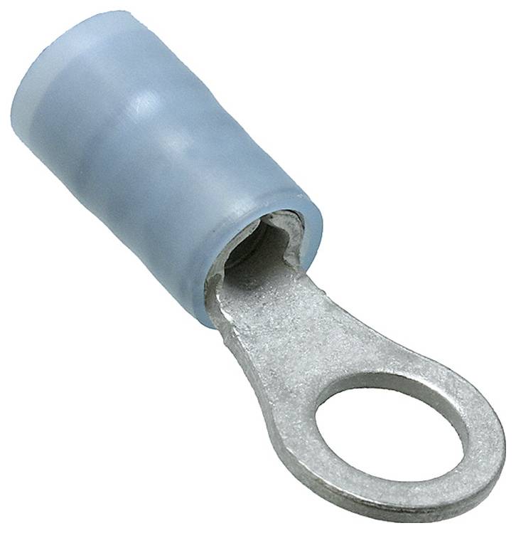 Ein isolierter Ringkabelschuh mit einer Metallöse, der zum sicheren Verbinden von Elektrokabeln mit einem Klemmenblock oder Gewindestift verwendet wird.