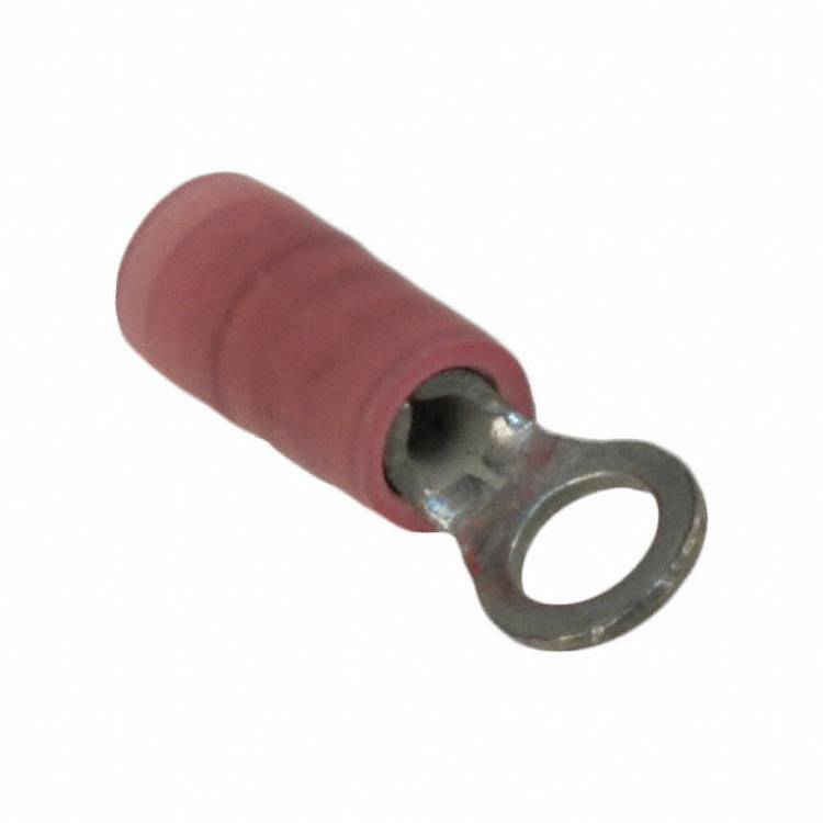 Ein rotes isoliertes Ringkabel für elektrische Verkabelung mit einer Metallschleife für sichere Verbindung mit einem Bolzen oder einer Schraube.