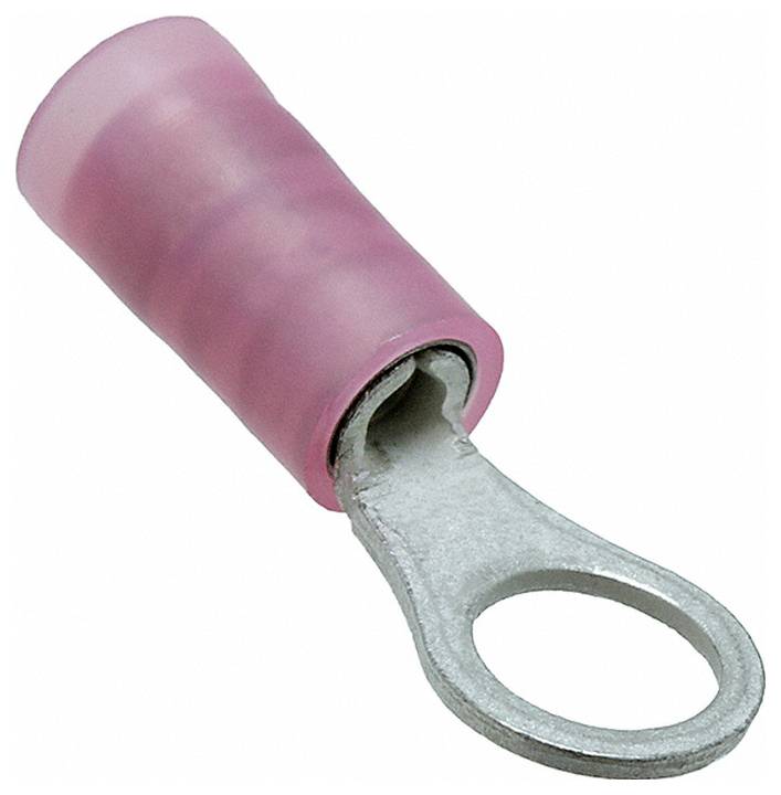 Ein rosa isoliertes Ringkabelschuh mit einer Metallösenöffnung, das für elektrische Verbindungen verwendet wird.