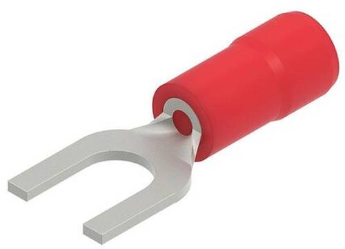Ein roter isolierter Gabelkabelschuh mit silberfarbenem Metallgabel zum Anschluss von Elektrokabeln an Klemmleisten.