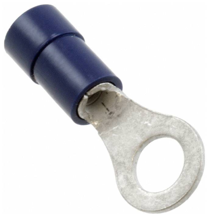 Ein blauer, mit Vinyl isolierter Ringkabelschuh mit einer silbernen Metallöse, der zum Anschließen von elektrischen Drähten an Schaltungskonnektionspunkte verwendet wird.