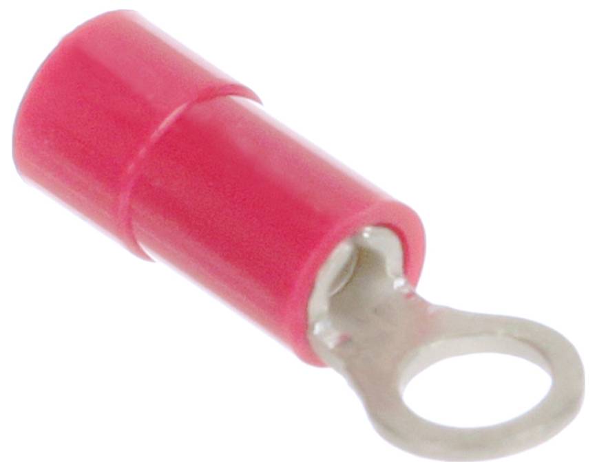 Ein roter isolierter Ringkabelschuh mit einer Metallöse für elektrotechnische Leitungsanwendungen.
