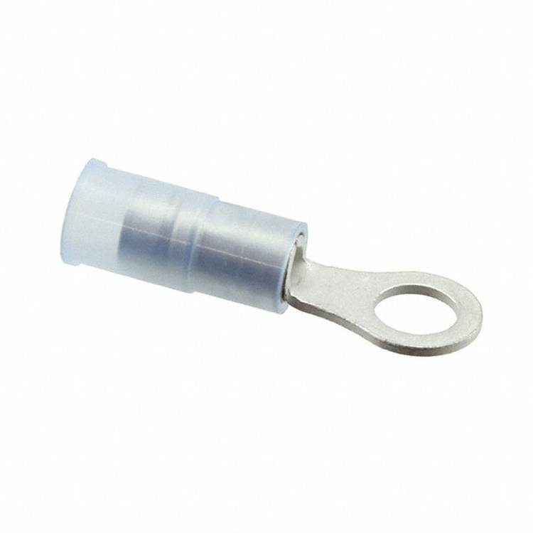 Ein blau isolierter Ringkabelschuh, verwendet zum Anschluss von Elektrokabeln an eine Schraube oder einen Bolzen in verschiedenen elektrischen Anwendungen.