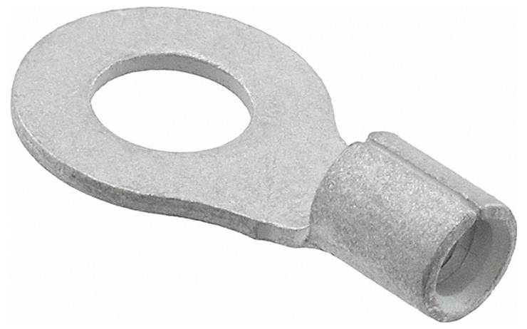 Ein Metallringanschluss mit einem offenen Kreis und einem zylindrischen Endstecker, der zum Anschluss von Drähten an eine Schraube oder einen Bolzen verwendet wird.