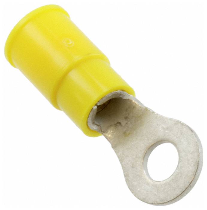 Ein gelbes isoliertes Ringkabelschuh mit metallischem Ring für elektrische Verbindungen.