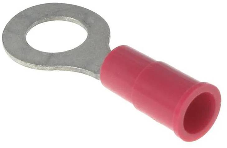 Roter isolierter Ringkabelschuh mit metallischem Ring zum Anschluss von Drähten an einer Schraube oder einem Bolzen, typischerweise in der elektrischen Verkabelung verwendet.