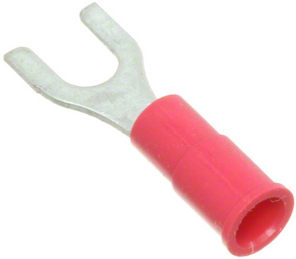 Ein roter, gabelförmiger Draht-Anschlussverbinder, der zum Befestigen von Drähten an Klemmenblöcken verwendet wird, auf weißem Hintergrund dargestellt.