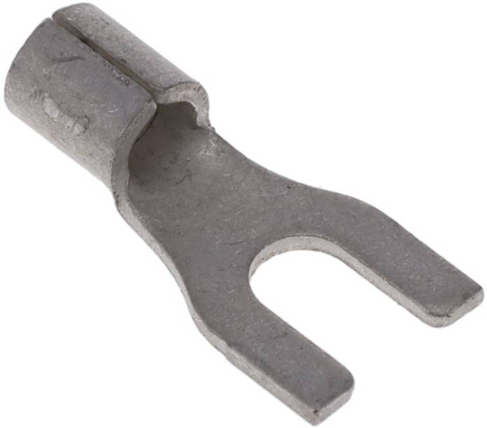 „Ein kleiner Silbermetall-Gabelklemmenanschluss mit einem U-förmigen Schlitz, der in der Elektroinstallation zum Anschluss von Drähten an Klemmleisten verwendet wird.