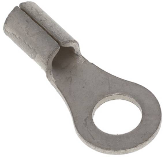 Eine Nahaufnahme eines Metallringanschlusses mit einem kreisförmigen Loch an einem Ende, das zum Verbinden von Drähten in elektrischen Anwendungen verwendet wird.