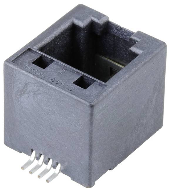 RJ11-Steckverbinder – zeigt eine schwarze, rechteckige elektronische Komponente mit vier metallischen Stiften an der Basis zur Konnektivität.