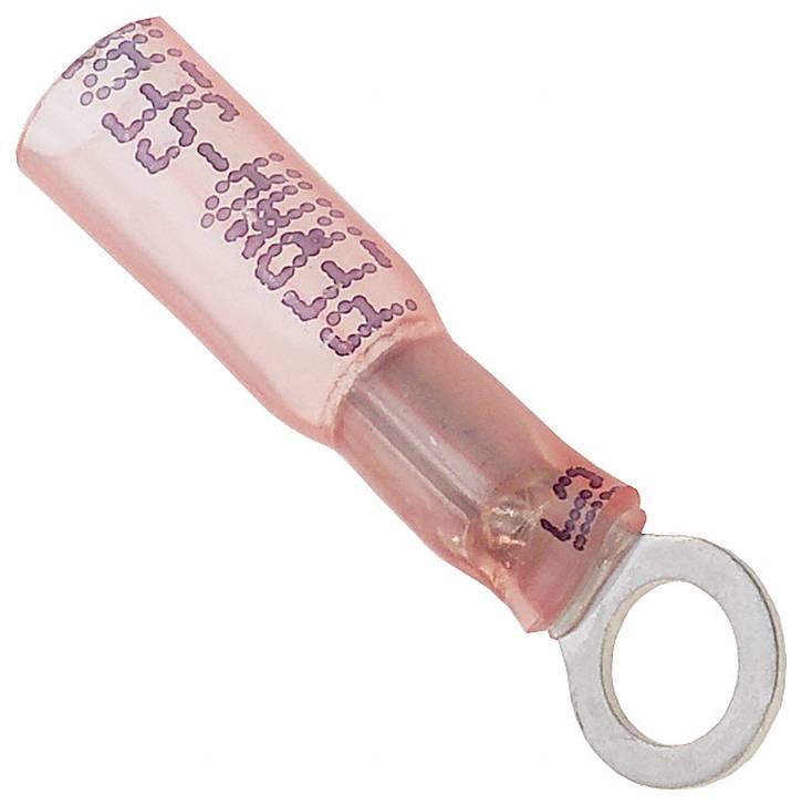 Ein rosafarbener isolierter Ringkabelschuh mit crimpbarer Metallspitze und kreisförmiger Öffnung für Drahtverbindungen.