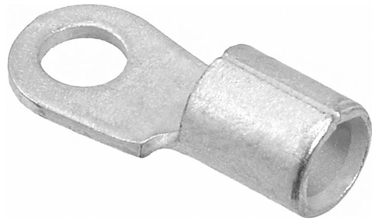 Eine silberfarbene Elektrokabelöse mit Ringklemme, die zum Anschließen von Drähten an Pfosten oder Bolzen geeignet ist und häufig in elektrischen Anwendungen verwendet wird.