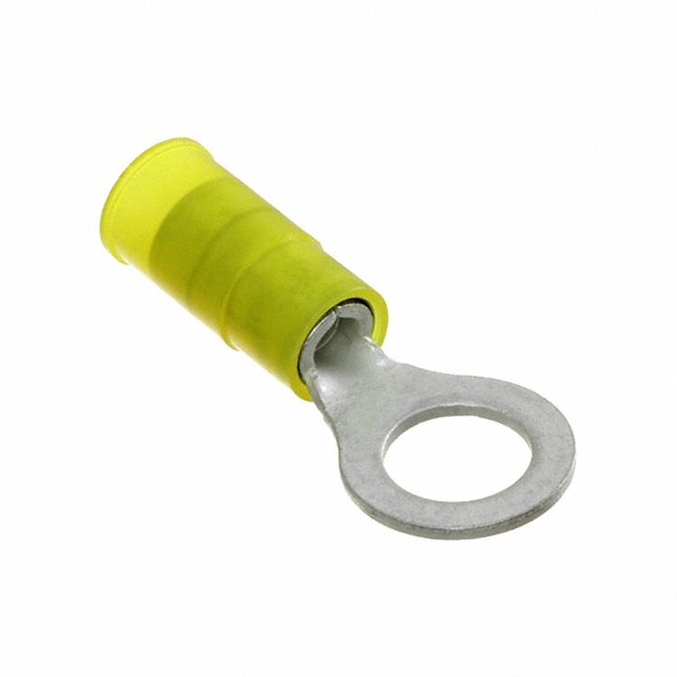 Ein Ringkabelschuh mit gelbem Kunststoffring und Metallringöse, der zum Verbinden von Drähten mit einer Schraub- oder Bolzenverbindung verwendet wird.