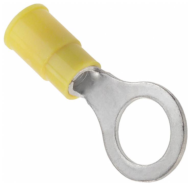 Ein gelbes Elektroklemmenrohr mit einer Metallschleife zum Verbinden von Drähten mit einer Schraube oder einem Bolzen.