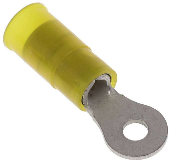 Ein gelber isolierter Ringkabelschuh mit einer Metallöse, verwendet zum Anschluss von Drähten an eine Schraube oder einen Bolzen in elektrischen Anwendungen.