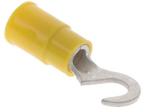 Ein rot isoliertes Spatenende mit gegabeltem Metallende, verwendet für elektrische Verbindungen.