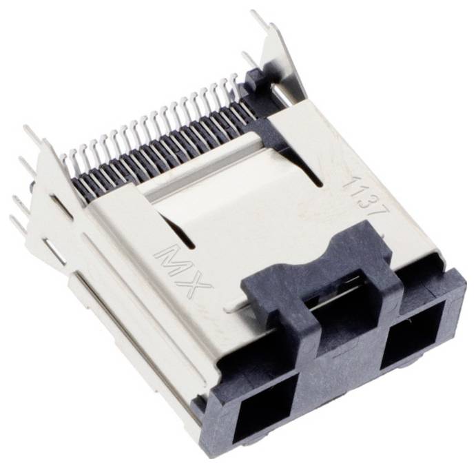 Eine Ethernet-Buchse mit Metallkontakten und rechteckigem Kunststoffgehäuse, mit den Beschriftungen 'MX' und '1137', die in Netzwerkverbindungen verwendet wird.