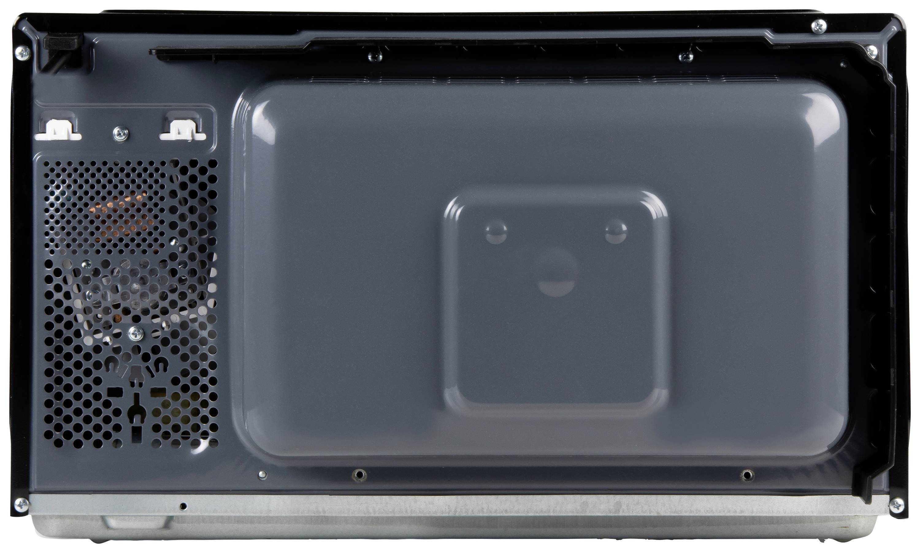 Die Rückseite einer Mikrowelle zeigt Lüftungsschlitze und das Belüftungssystem.