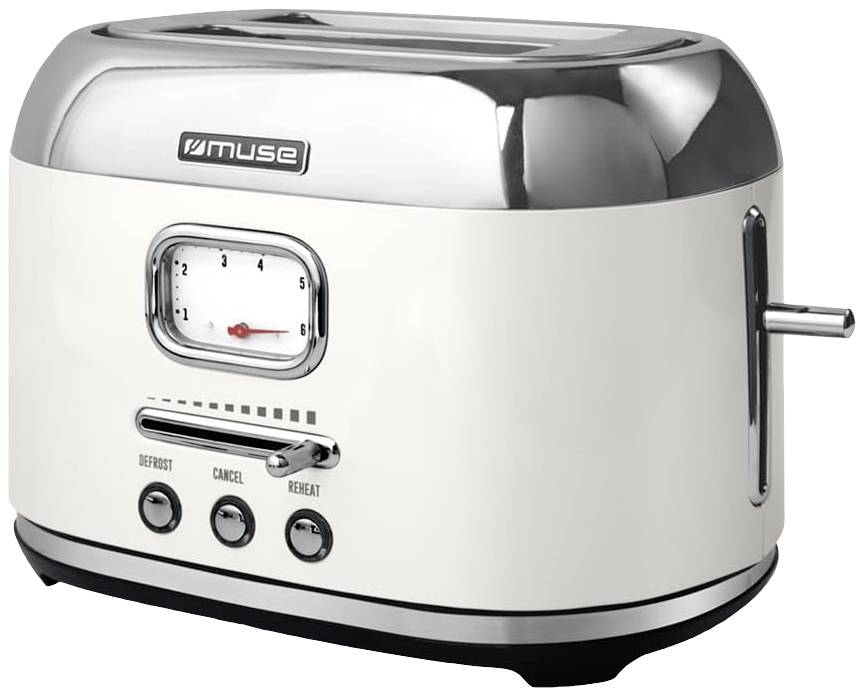Ein cremefarbener Toaster mit verchromten Details, drei Tasten für Auftauen, Abbrechen und Aufwärmen, sowie ein seitlicher Hebel.