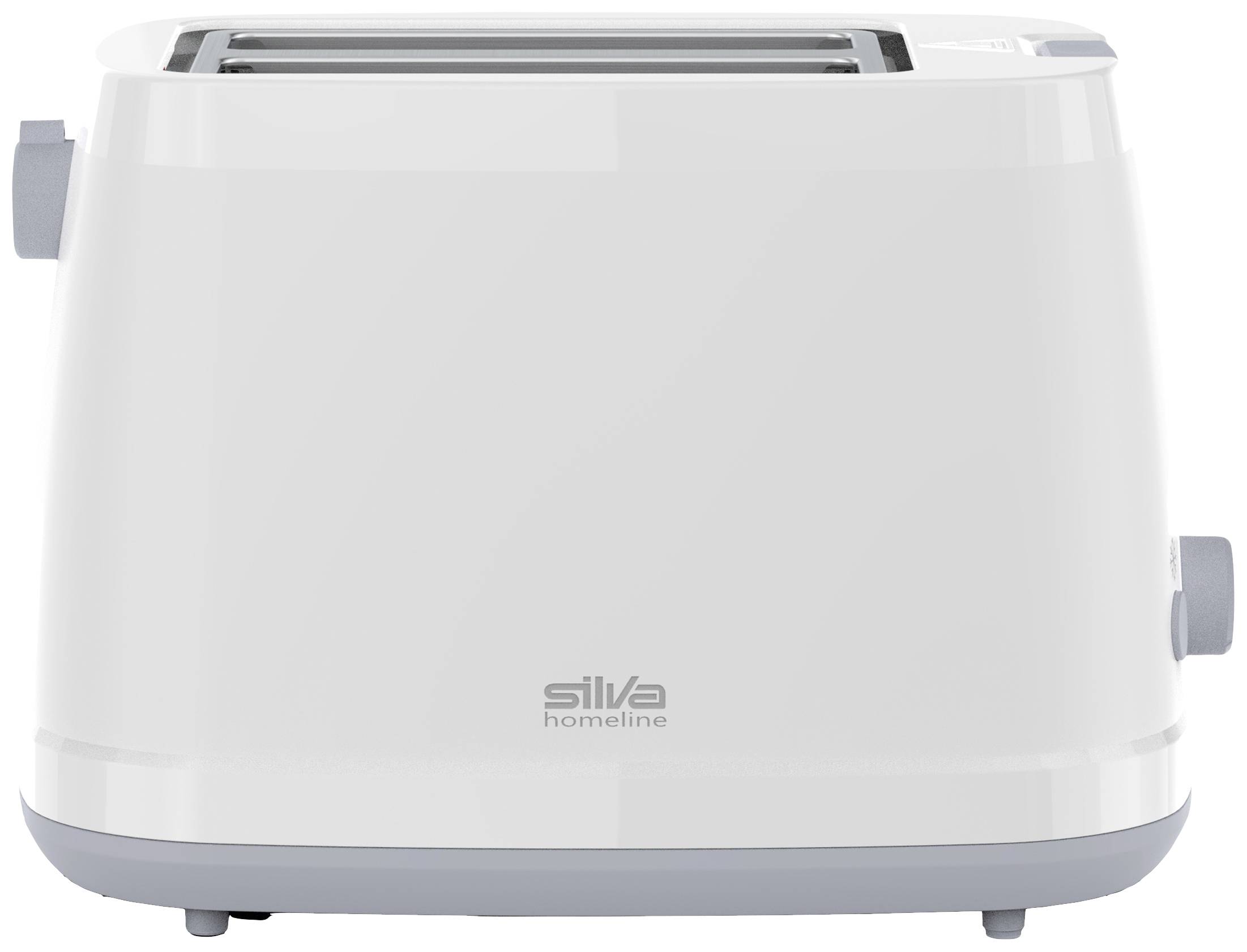 Ein weißer Toaster mit zwei Schlitzen und einem Regler an der Seite. Aufschrift 'silva homeline'.