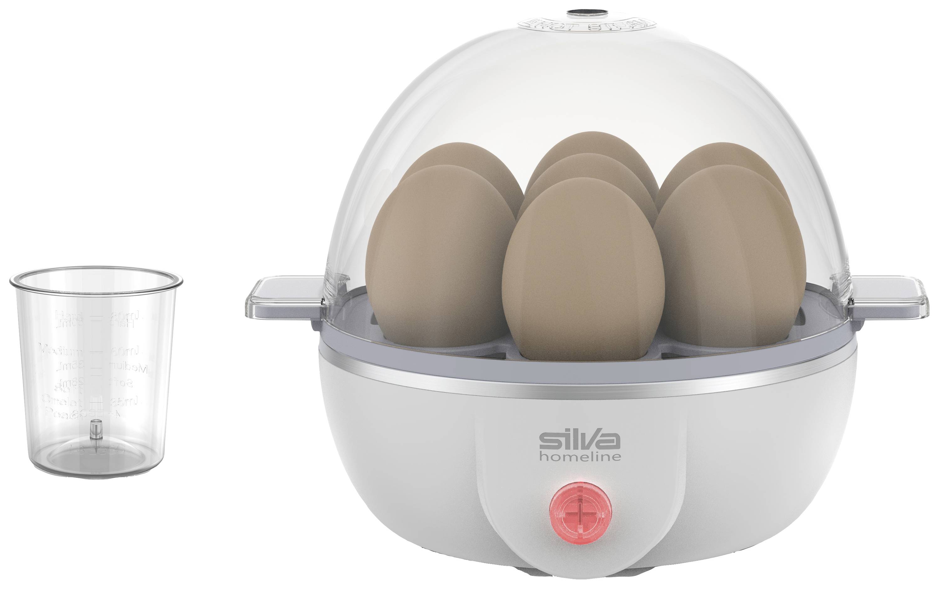 Ein elektrischer Eierkocher mit transparentem Deckel, der sechs Eier hält. Daneben steht ein Messbecher für Wasser.