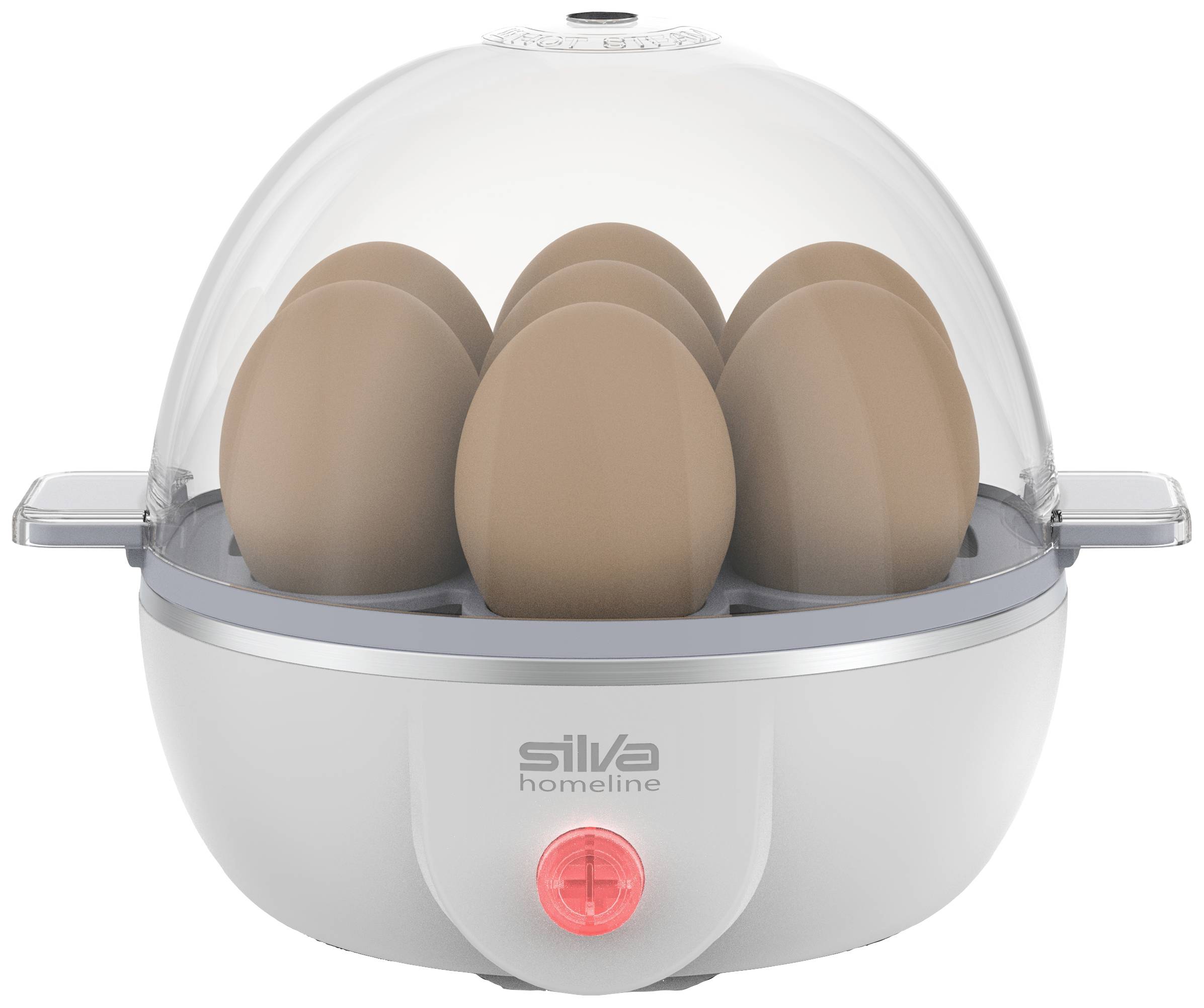 Ein elektrischer Eierkocher mit transparentem Deckel und Platz für sechs Eier, die dicht beieinander stehen, auf einer grauen Basis.