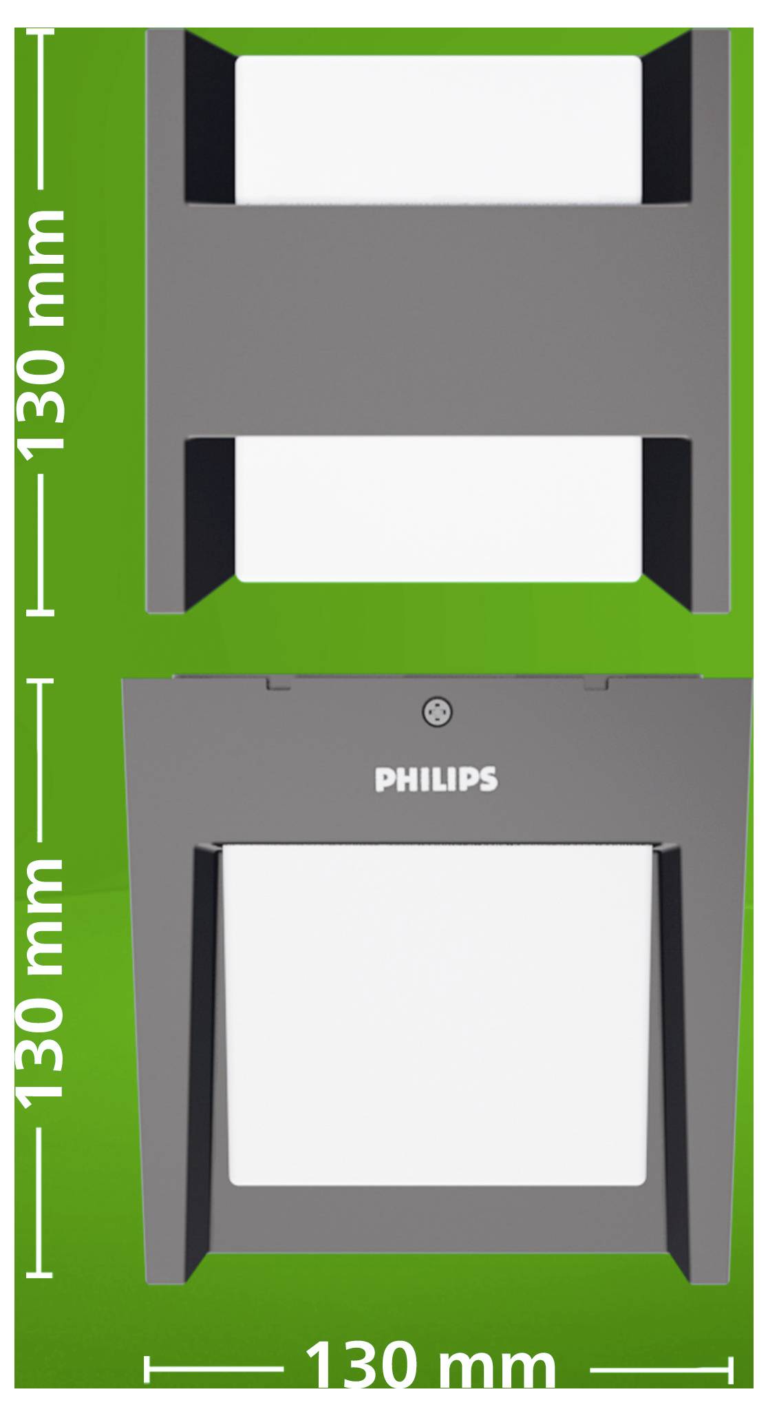 Diagramm einer grauen Wandleuchte von Philips mit Vorder- und Seitenansicht auf grünem Hintergrund, gekennzeichnet mit Abmessungen von 130 mm x 130 mm.