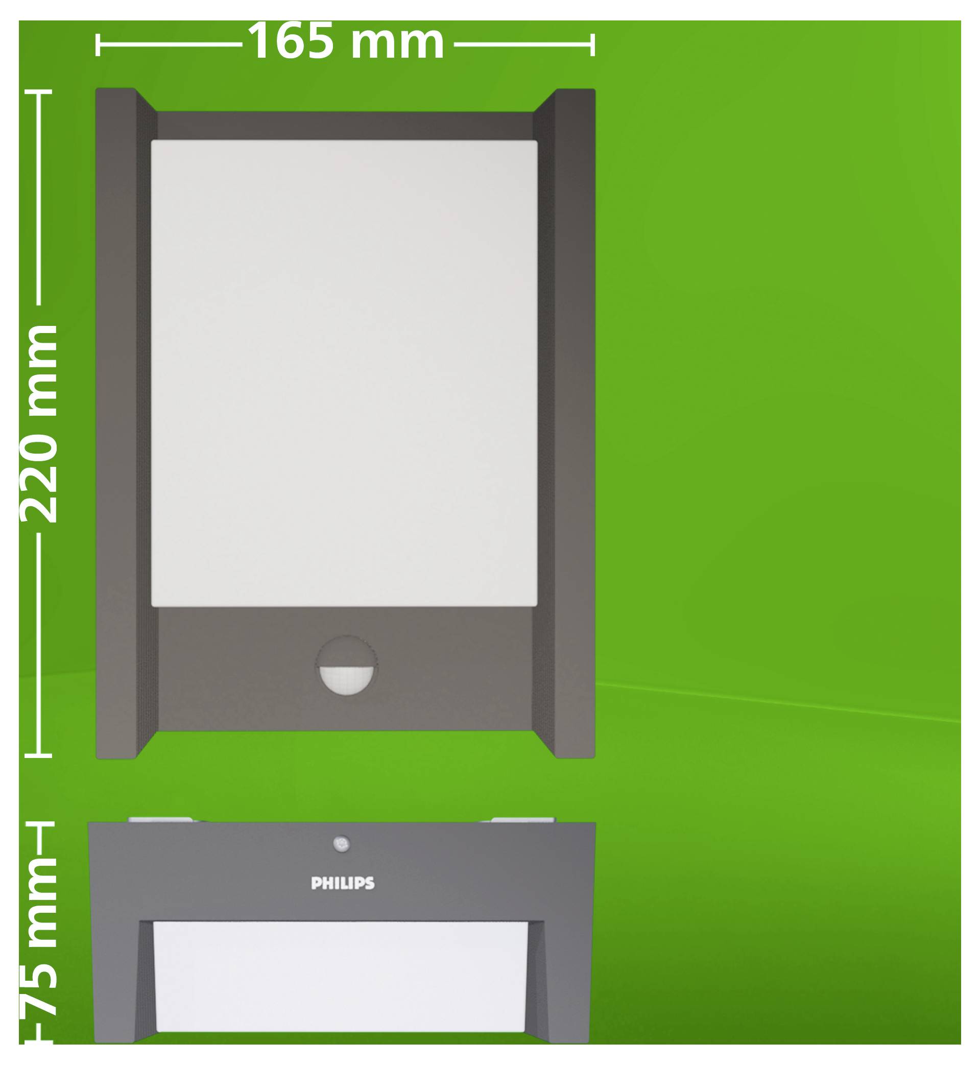 Produktabmessungen-Diagramm einer an der Wand montierten Philips-Leuchte, das Vorder- und Seitenansichten mit den Abmessungen 165 mm Breite, 220 mm Höhe und 75 mm Tiefe zeigt.