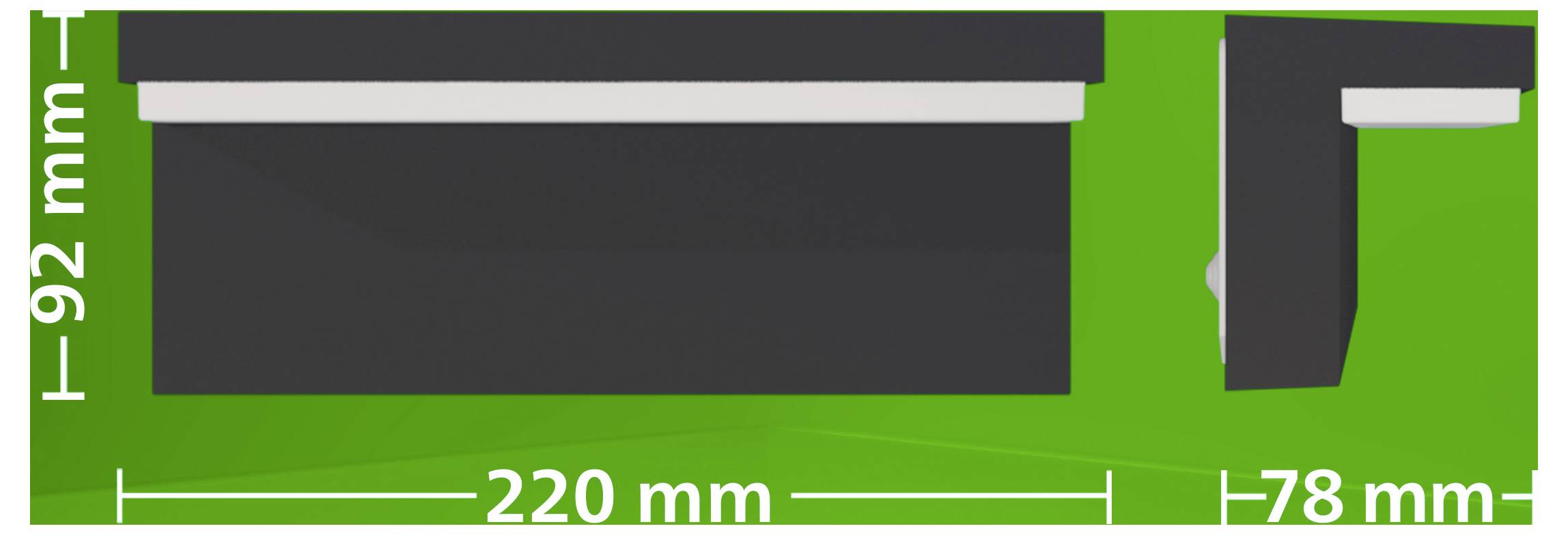 Maßstabgerechte Zeichnung einer Halterung oder Abdeckung mit zwei Teilen, gekennzeichnet mit 220 mm breitem Hauptteil, 92 mm hohem linken Teil und 78 mm hohem rechten Teil.