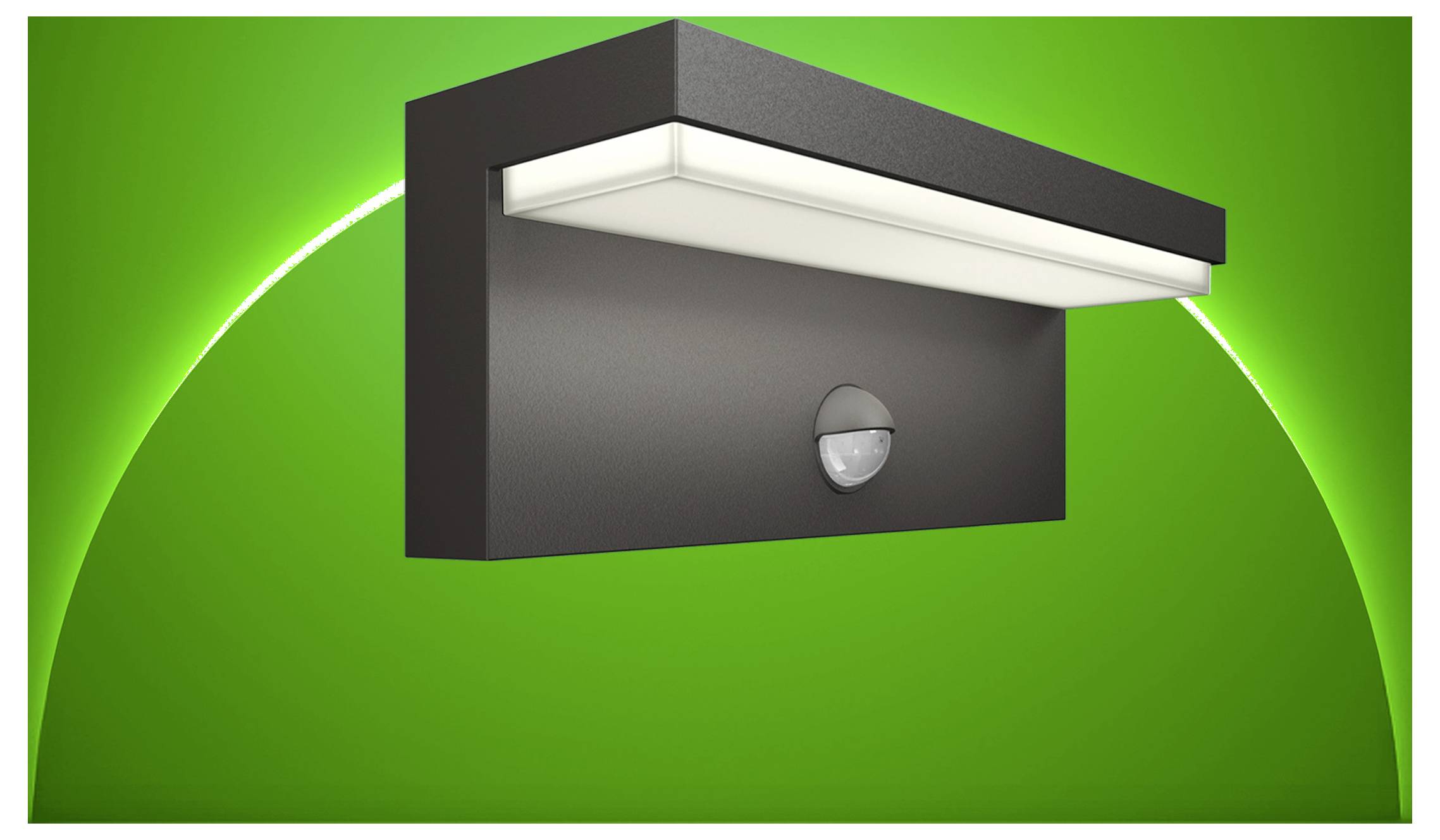 Moderne schwarze Außenwandleuchte mit einem hellen weißen Diffusor, dargestellt vor einem grün leuchtenden Hintergrund.