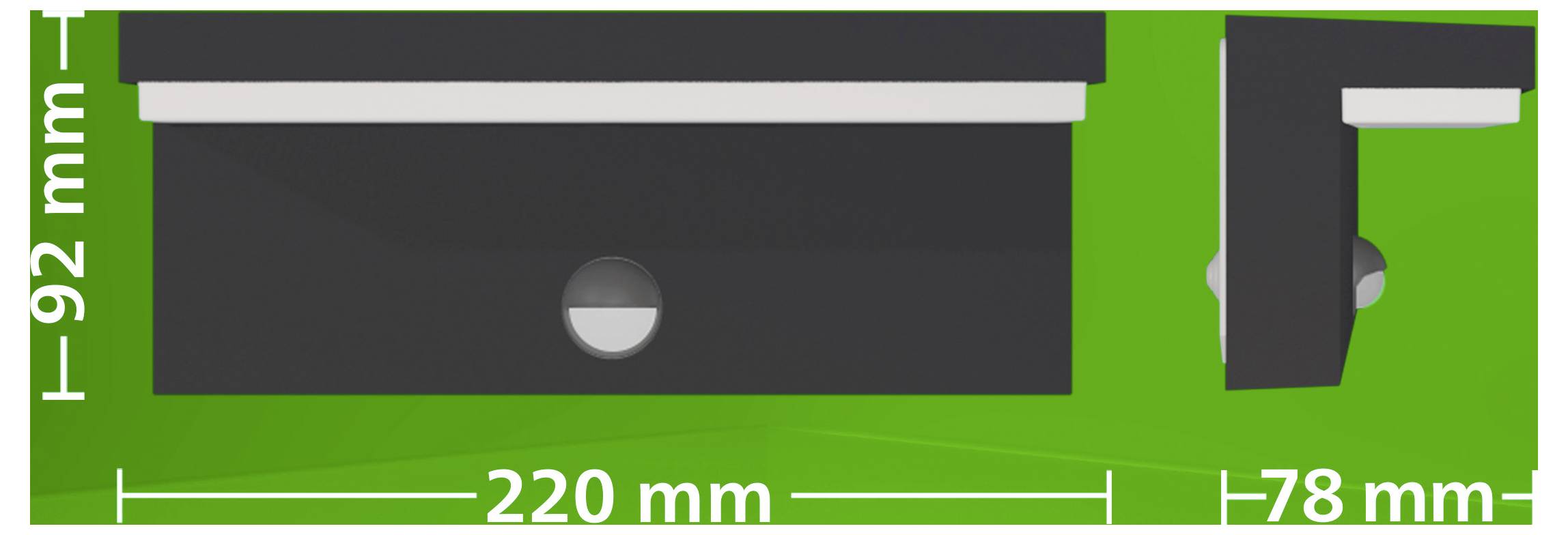 Technische Zeichnung einer schwarzen rechteckigen Komponente mit einer zentrierten kreisförmigen Funktion, wobei die Abmessungen 220 mm breit, 92 mm hoch und 78 mm in der Seitenansicht betragen.