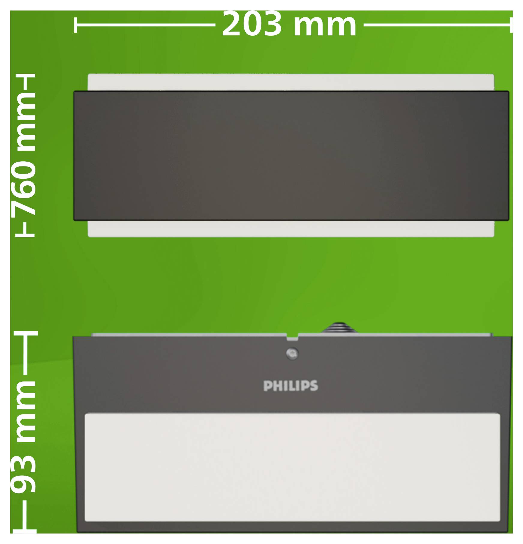Vorder- und Rückansicht einer rechteckigen Philips Wandleuchte mit den Abmessungen 203 mm breit, 760 mm hoch und 93 mm tief.