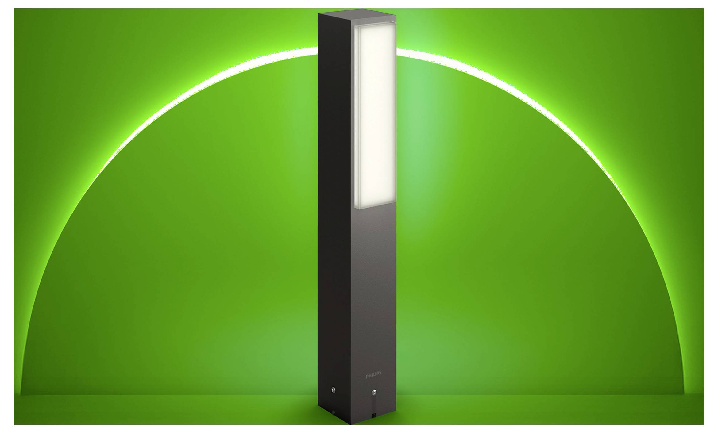 Hohle schwarze rechteckige Leuchte mit einem hellweißen Panel, zentral vor einem leuchtend grünen Hintergrund mit einem großen kreisförmigen Lichthof positioniert.