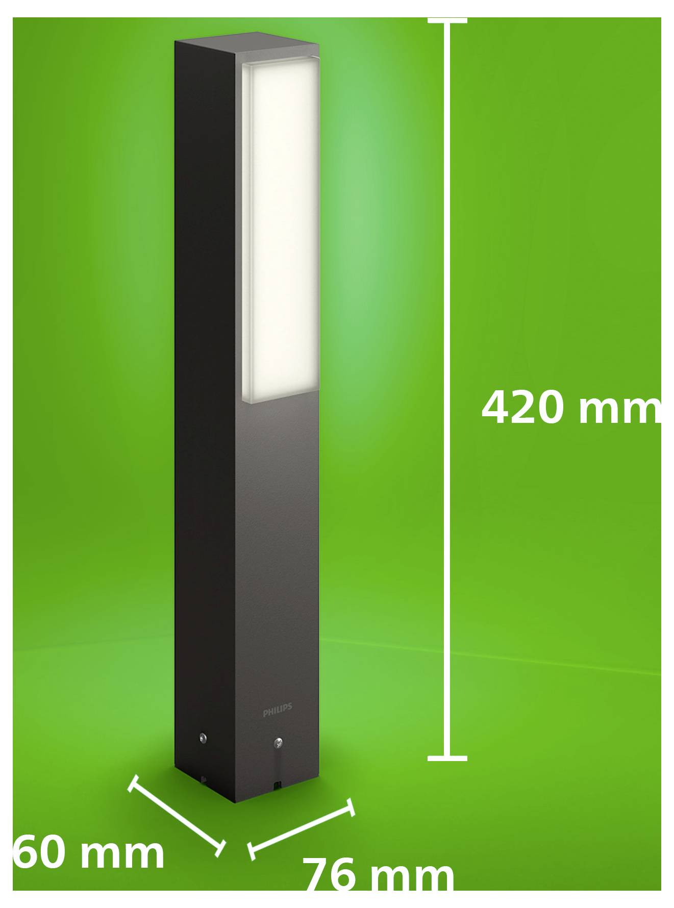Hohles rechteckiges Außenleuchtenelement auf grünem Hintergrund dargestellt, beschriftet mit 420 mm Höhe und 76 mm mal 60 mm an der Basis.