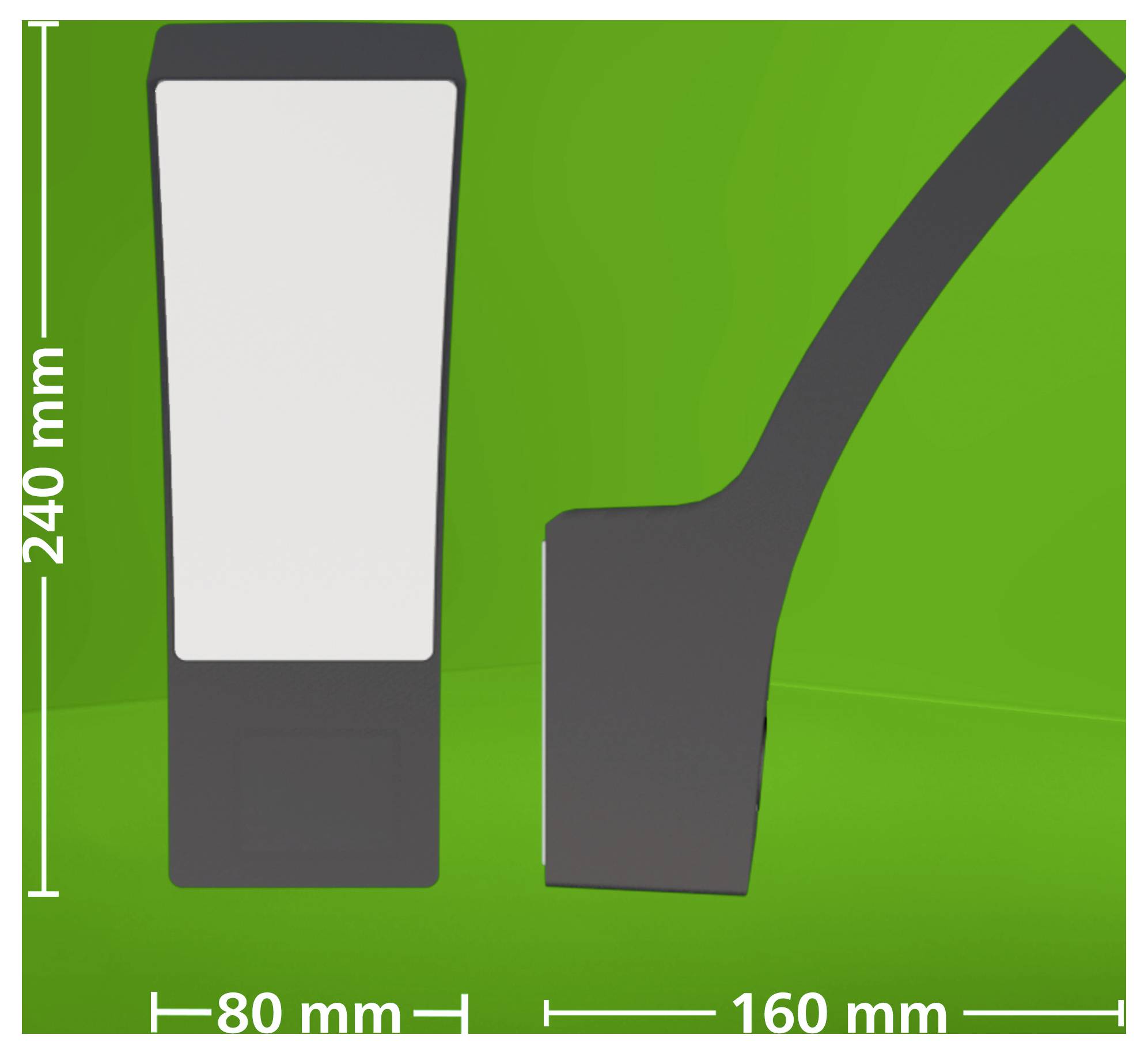 Seiten- und Frontalansichten einer dunkelgrauen Kunststoffkomponente auf grünem Hintergrund, gekennzeichnet mit 240 mm Höhe, 80 mm Breite und 160 mm Tiefe.