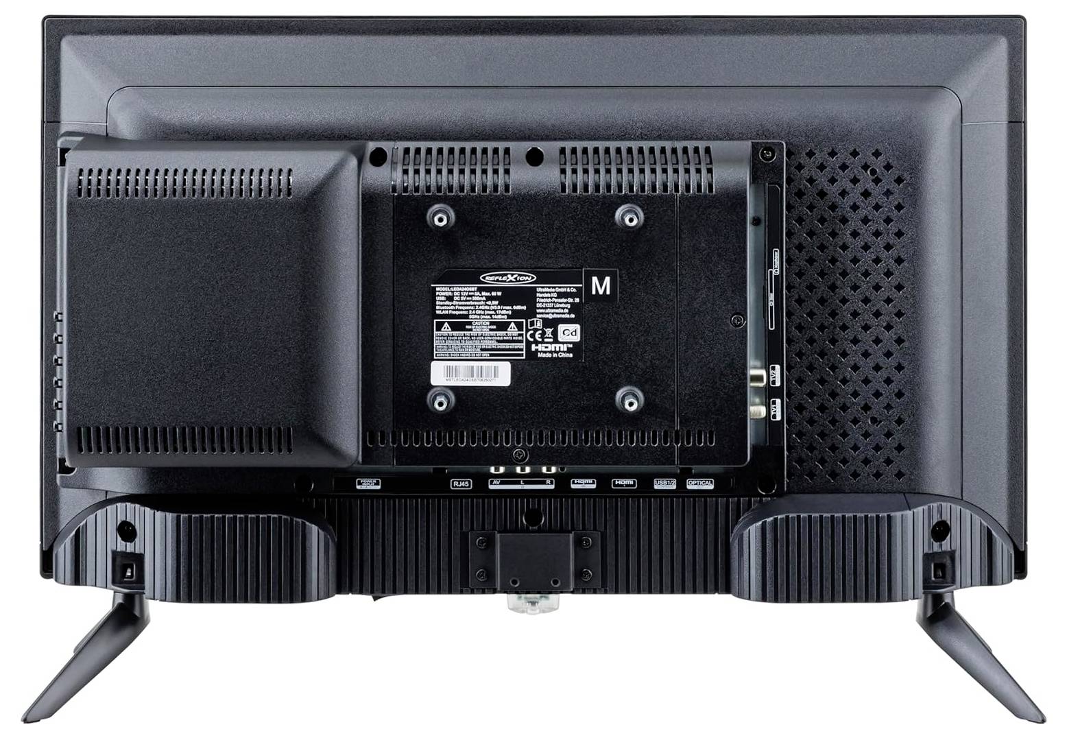 Rückansicht eines Flachbildfernsehers mit Lüftungsöffnungen, Eingabeanschlüssen und angebrachten Ständerbeinen.