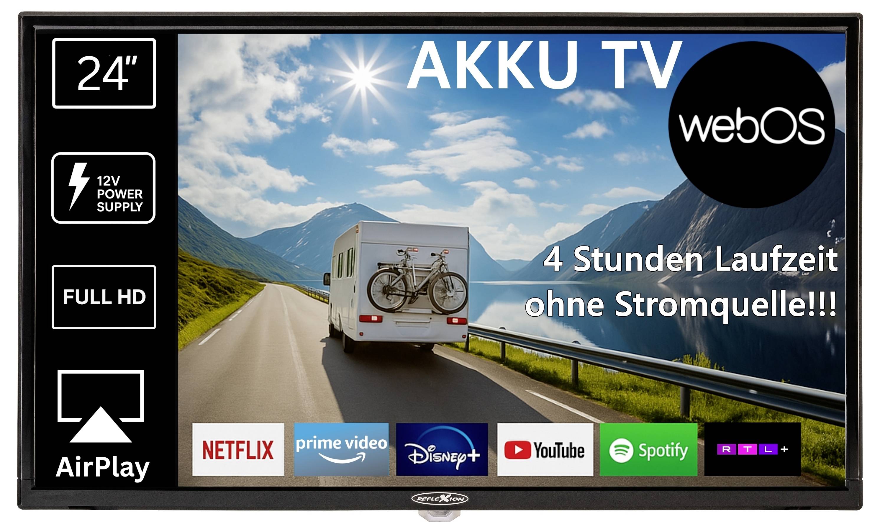 Werbegrafik für 24-Zoll-AKU-TV mit webOS: 12V-Betrieb, Full HD, AirPlay, 4 Stunden Laufzeit ohne Stromquelle; Streaming-Apps gezeigt.<br>