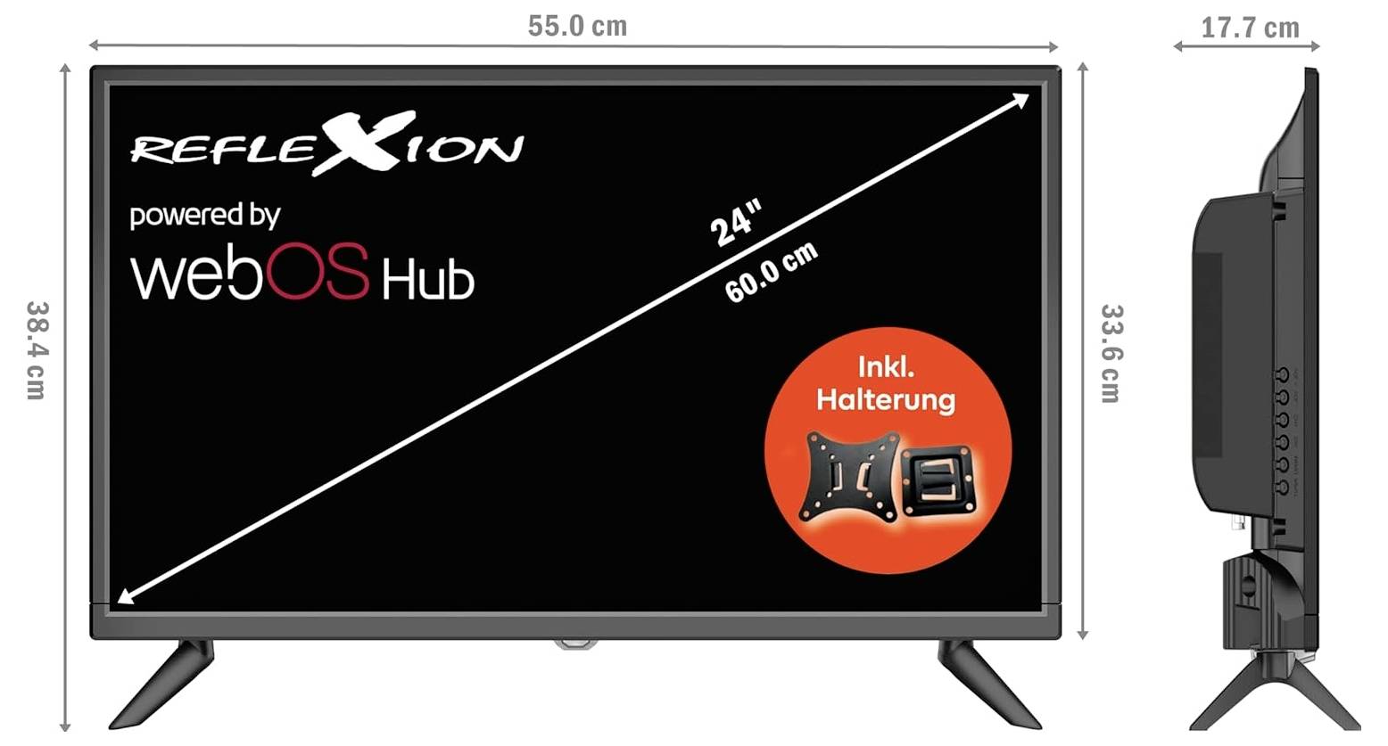 Produktbild eines 24-Zoll-REFLEXION-Fernsehers mit webOS Hub, mit Maßen 55,0 cm breit, 38,4 cm hoch und 17,7 cm tief sowie Wandhalterung-Hinweis 'Inkl. Halterung'.