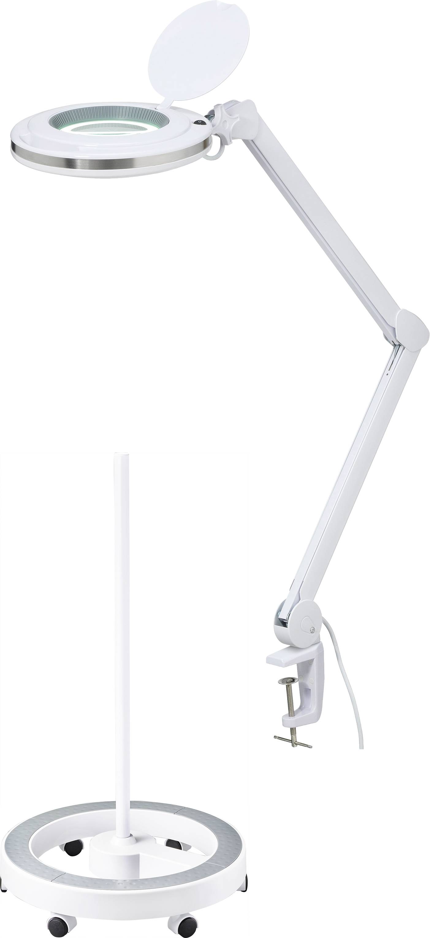 Eine weiße Schreibtischlampe mit Vergrößerungsglas und verstellbarem Arm, auf einem rollbaren Standfuß montiert.