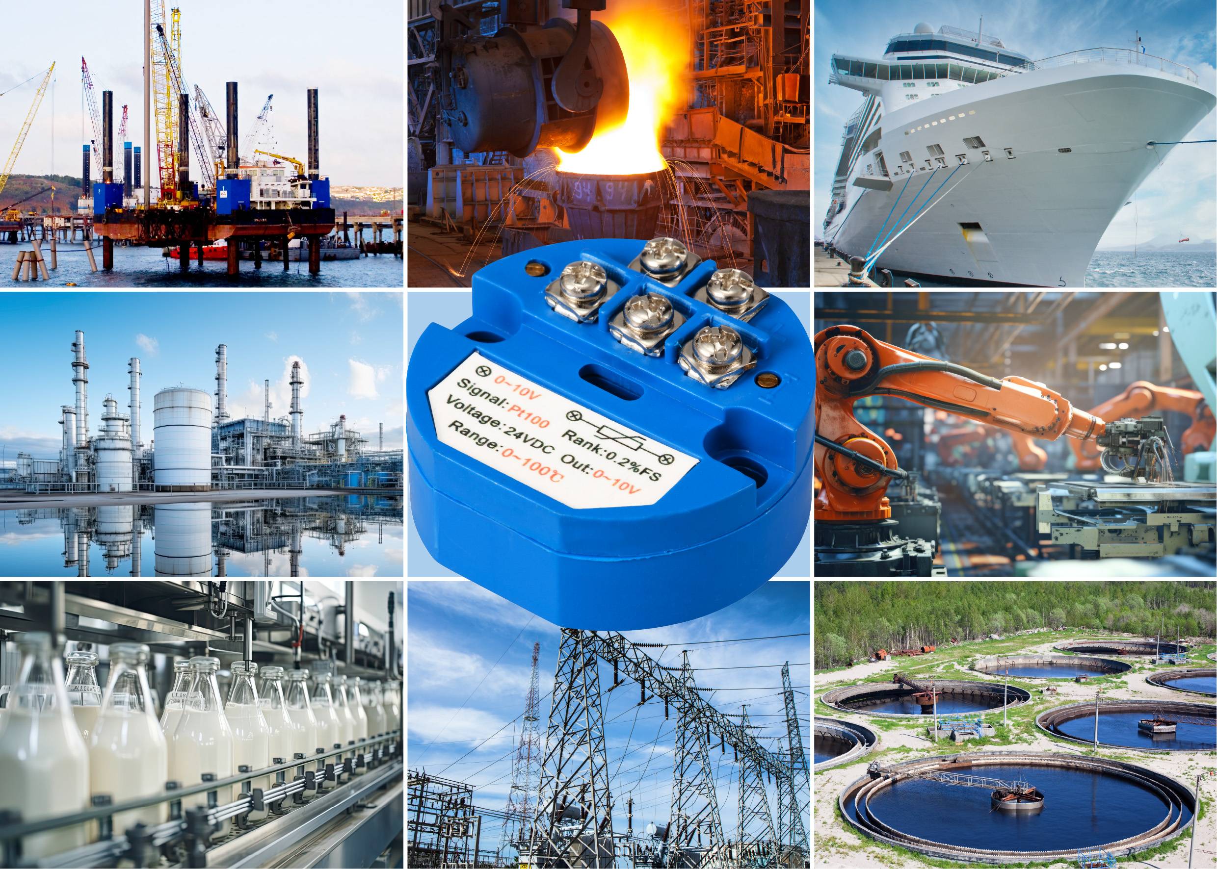 Collage von Industrieanwendungen: Ölplattform, Hochofen, Kreuzfahrtschiff, Chemiefabrik, Sensor, Roboterfertigung, Milchproduktion, Kraftwerk, Wasseraufbereitung.