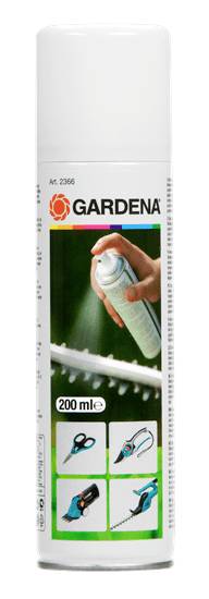 Sprühdose mit der Aufschrift 'GARDENA 200 ml'. Ein Bild zeigt, wie das Spray auf Gartengeräte wie Schere und Säge aufgetragen wird.