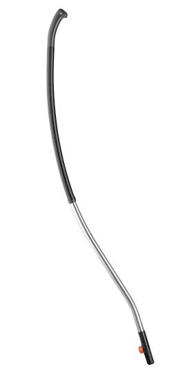 Ein gebogener Staubsaugerrohr aus Metall mit schwarzem Griff, kompatibel mit verschiedenen Staubsaugermodellen.