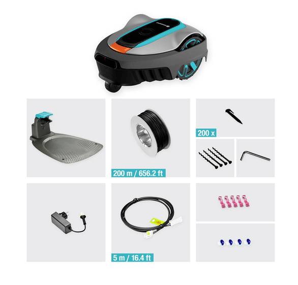 Ein Rasenmähroboter-Set mit Zubehör: Ladestation, Begrenzungskabel, Erdnägel, Schrauben, Sechskantschlüssel, Netzteil und Kabelverbinder.