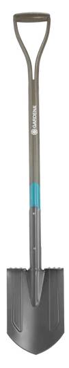 Ein Gartenschaufel aus Metall mit einem D-förmigen Griff und einer spitzen schwarzen Klinge, die zum Graben und für Gartenarbeiten verwendet wird.